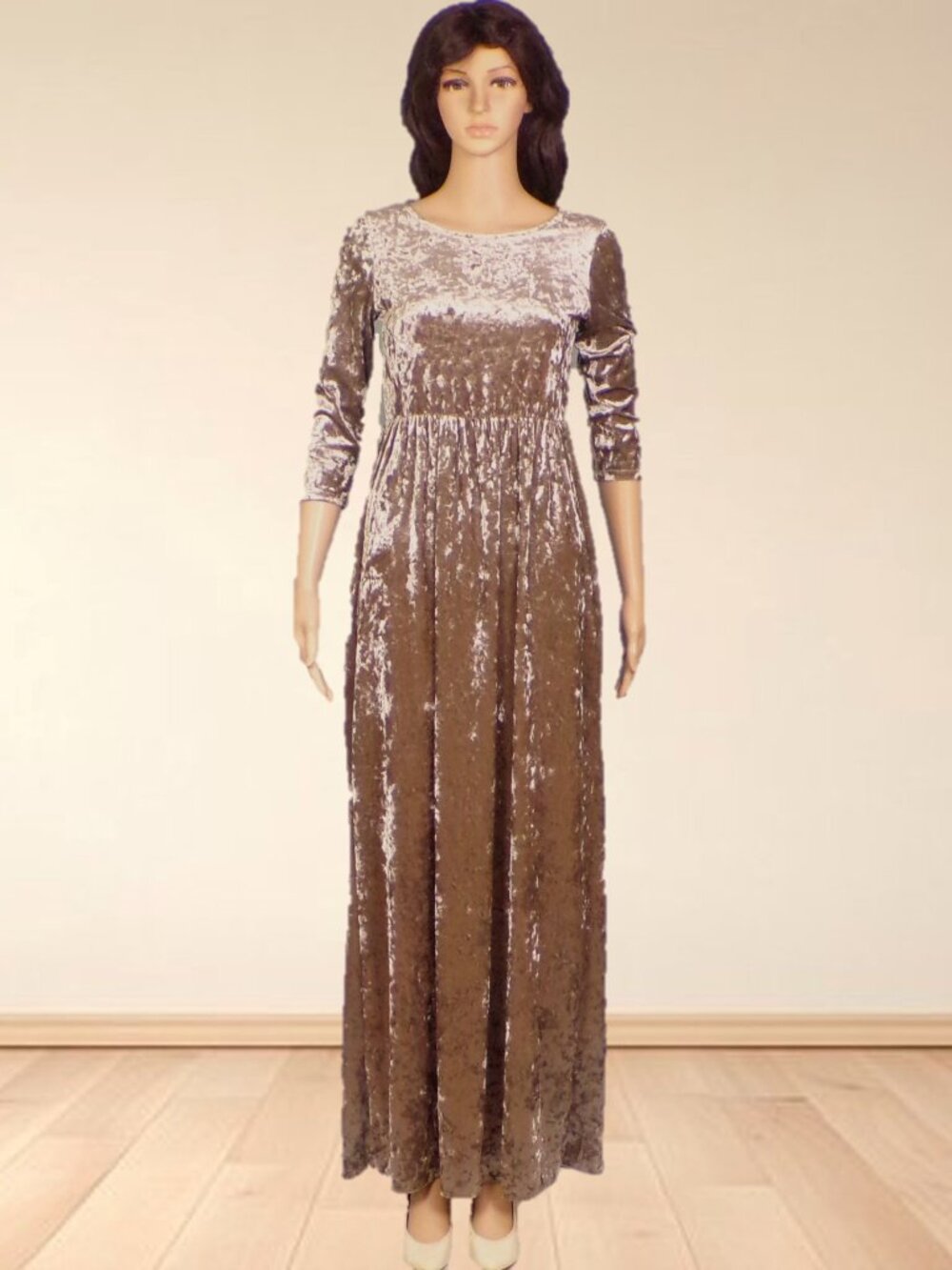 WANNA B size S silver/brown color-shift crushed-velvet 3/4-sleeve maxi dress